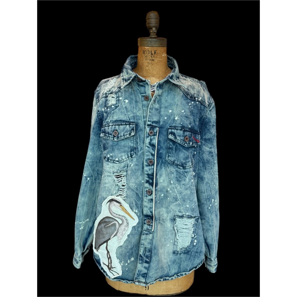 Upcycled/Reworked Denim Jacket| Vintage Heron, Cat, & Bow Patchwork| Boho| Large - Picture 1 of 13